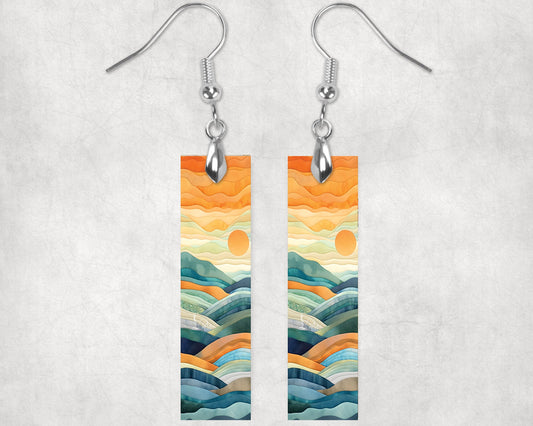 Watercolor Sunrise Earrings, Bar Dangle Printed Earrings Jewelry Handmade