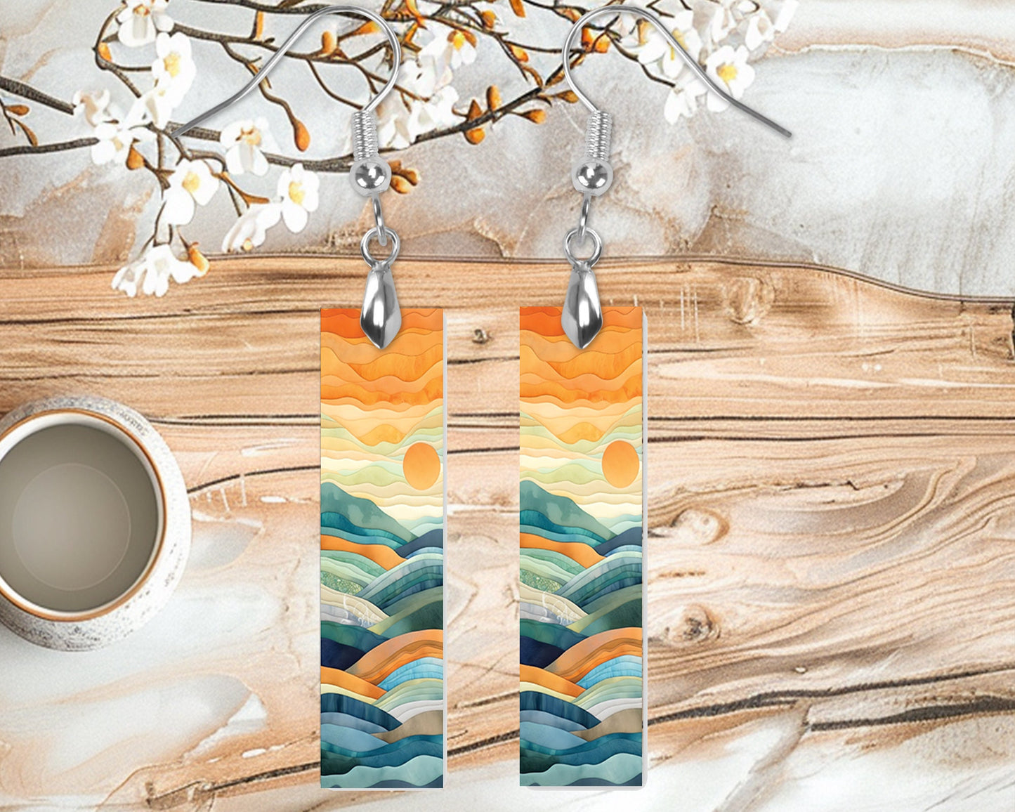 Watercolor Sunrise Earrings, Bar Dangle Printed Earrings Jewelry Handmade