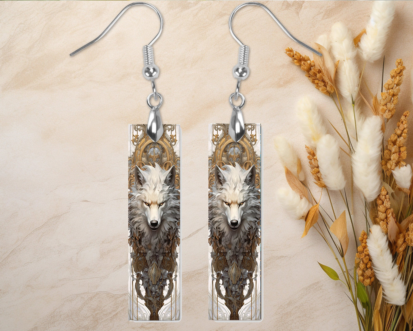 Rococo Wolf Earrings, Printed Wood Dangle Earrings Hypoallergenic Jewelry Handmade