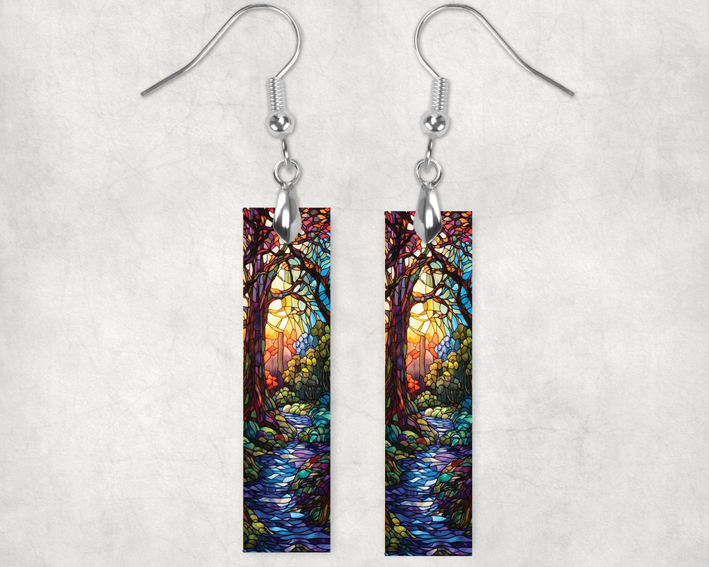 New Release, Faux Stain Glass Stream Earrings, Printed Wood Dangle Earrings Hypoallergenic Jewelry Handmade