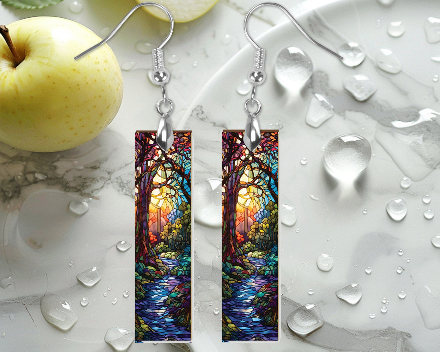 New Release, Faux Stain Glass Stream Earrings, Printed Wood Dangle Earrings Hypoallergenic Jewelry Handmade