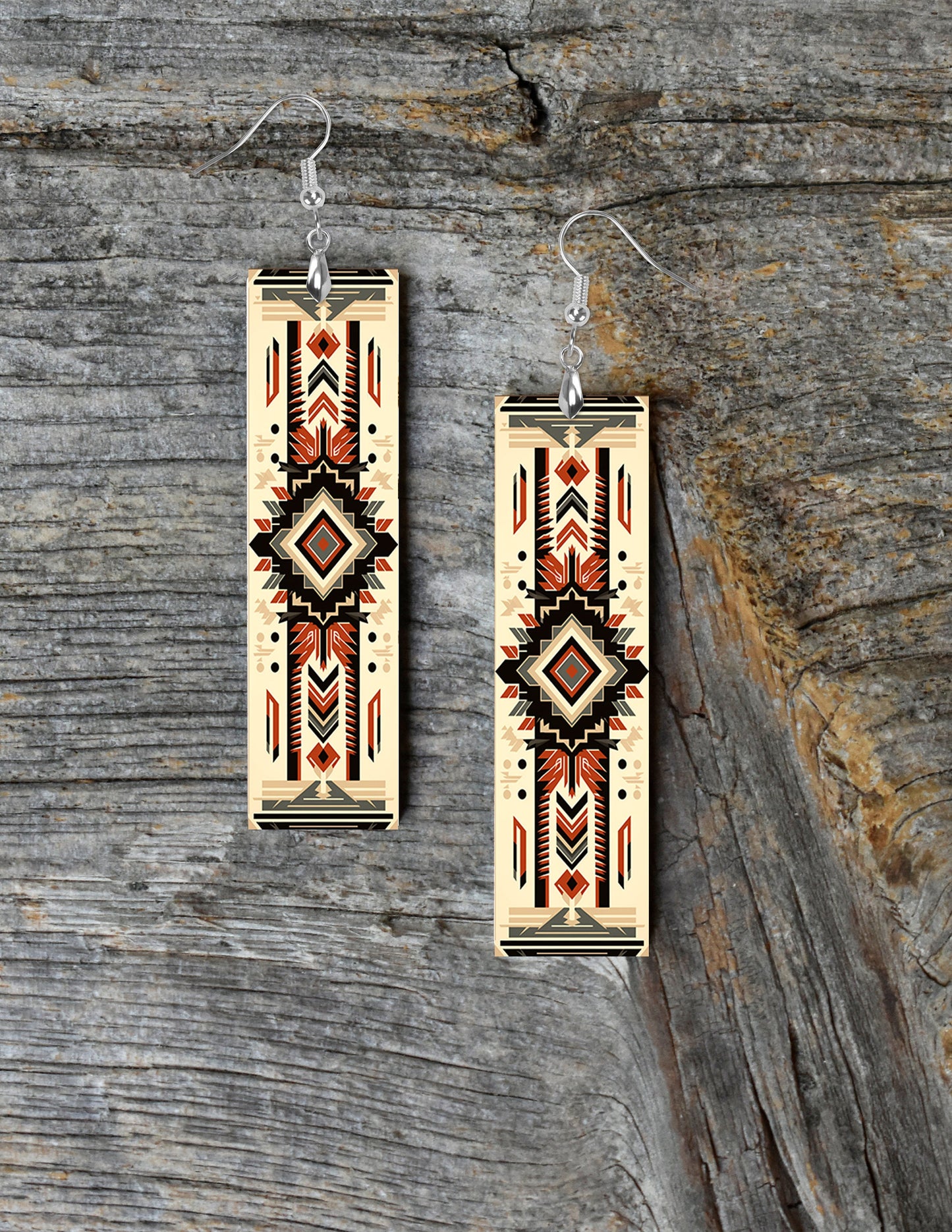 Tribal Southwest Earrings, Printed Wood Dangle Earrings Hypoallergenic Jewelry Handmade