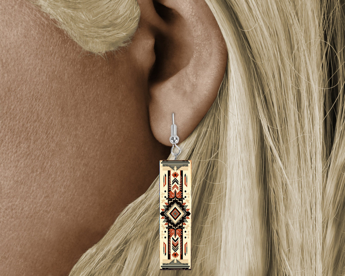 Tribal Southwest Earrings, Printed Wood Dangle Earrings Hypoallergenic Jewelry Handmade