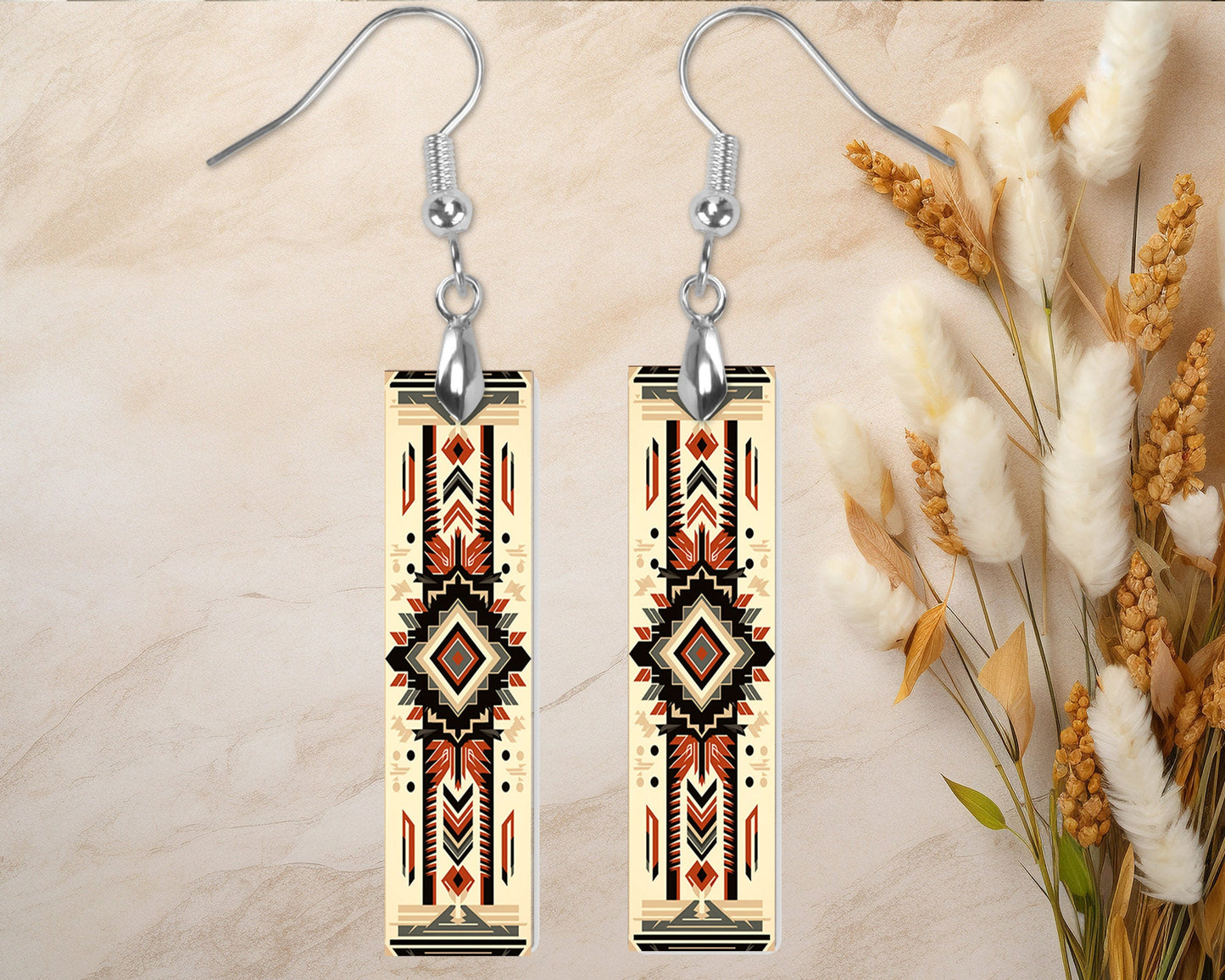 Tribal Southwest Earrings, Printed Wood Dangle Earrings Hypoallergenic Jewelry Handmade