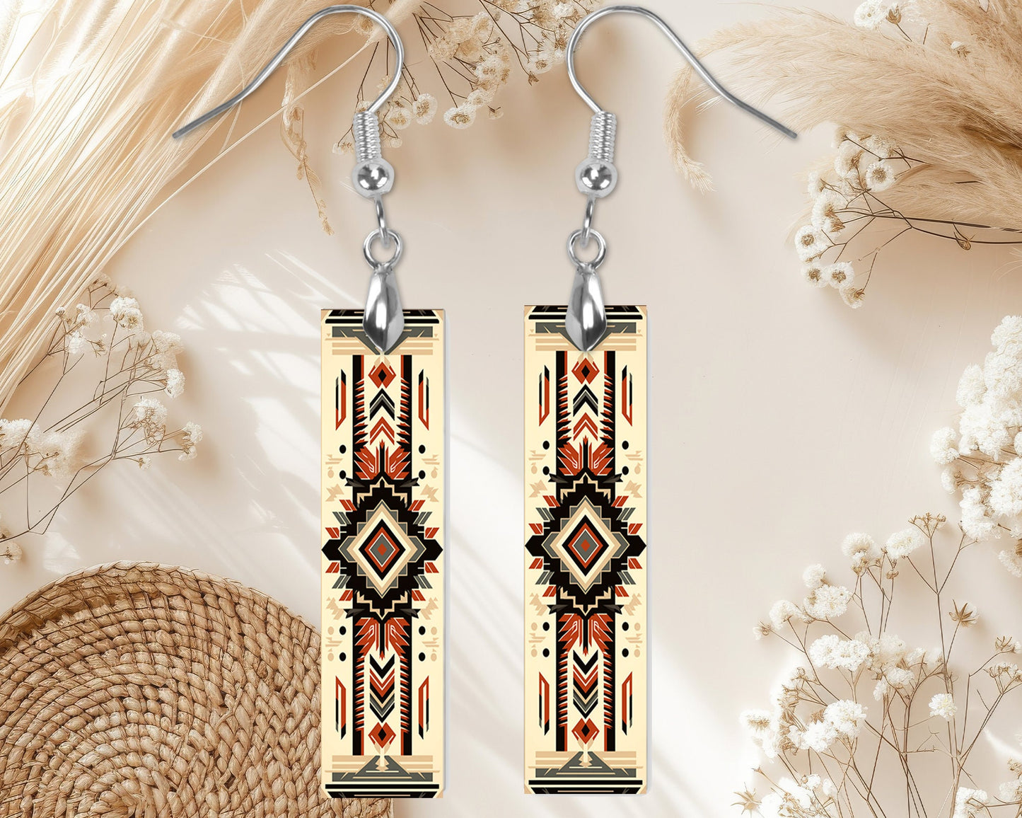 Tribal Southwest Earrings, Printed Wood Dangle Earrings Hypoallergenic Jewelry Handmade