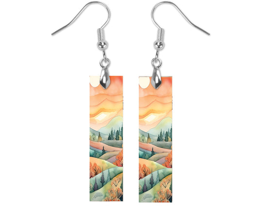 Watercolor Foothills Earrings, Printed Wood Dangle Earrings Hypoallergenic Jewelry Handmade