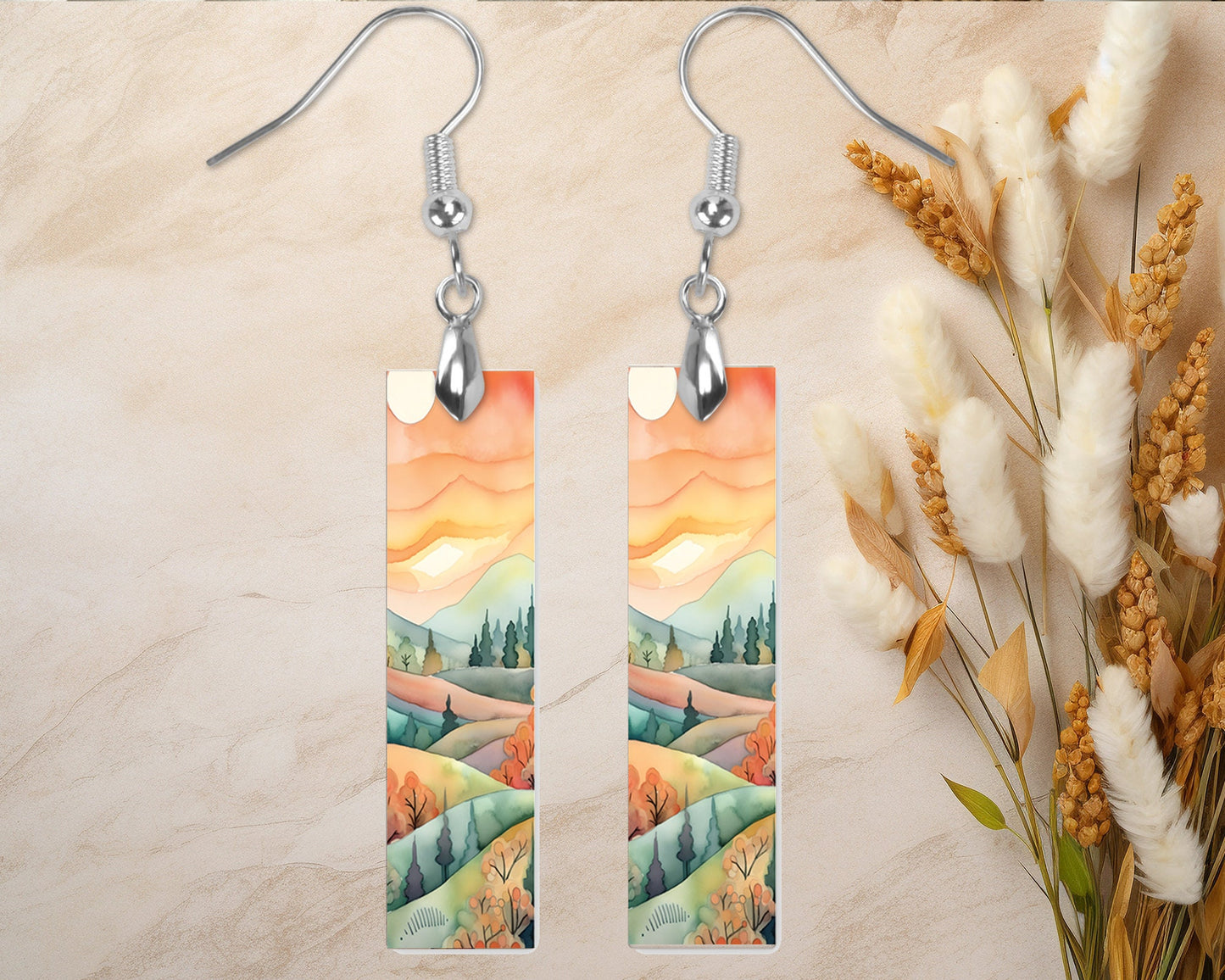 Watercolor Foothills Earrings, Printed Wood Dangle Earrings Hypoallergenic Jewelry Handmade