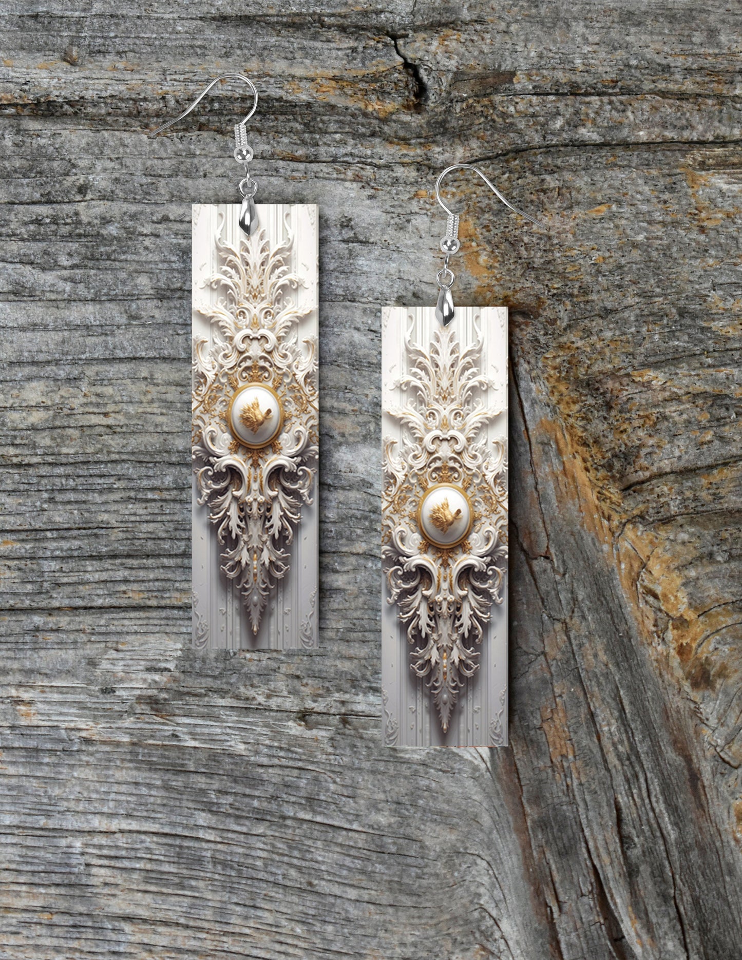 White Rococo Earrings, Printed Wood Dangle Earrings Hypoallergenic Jewelry Handmade