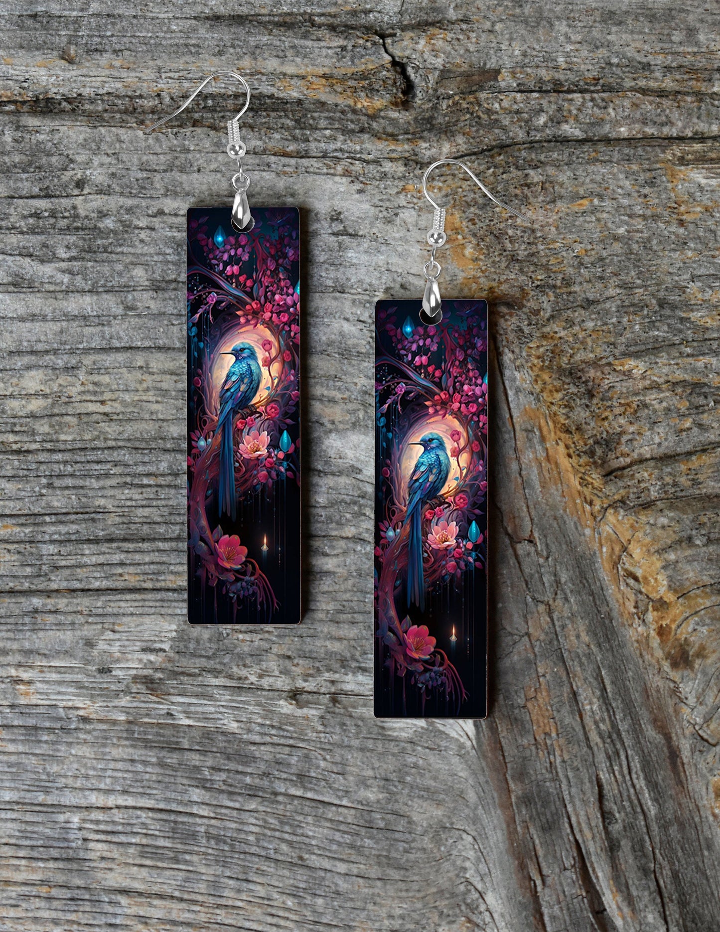 Bird and Pink Flowers Printed Wood Dangle Earrings Hypoallergenic Jewelry Handmade