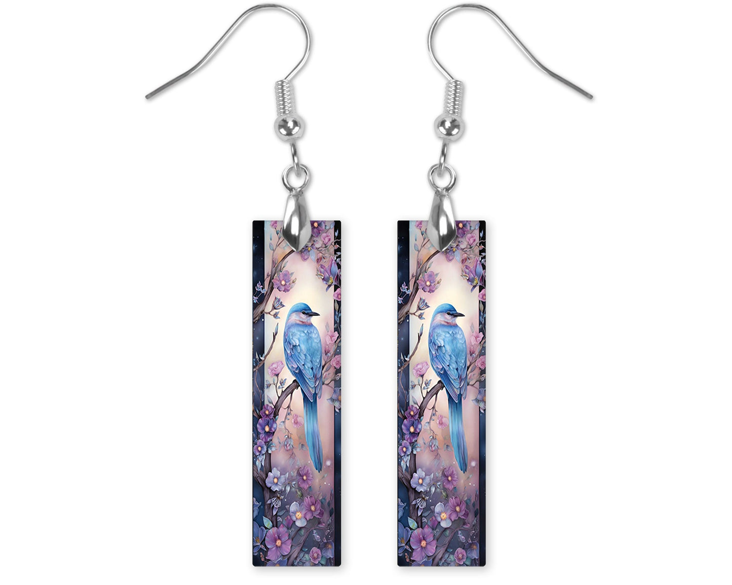 Blue Bird and Purple Flowers Printed Wood Dangle Earrings Hypoallergenic Jewelry Handmade