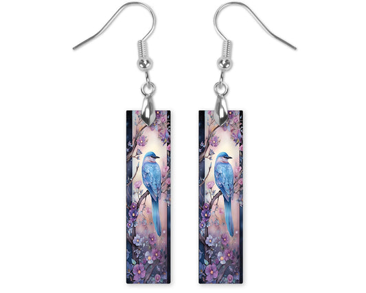 Blue Bird and Purple Flowers Printed Wood Dangle Earrings Hypoallergenic Jewelry Handmade