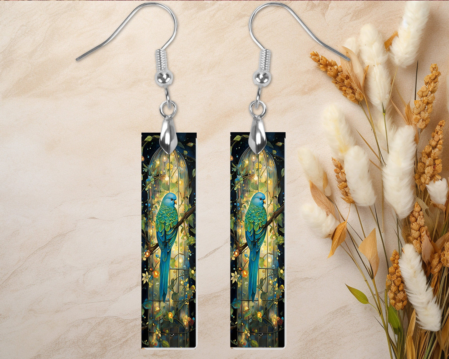 Blue and Green Parakeet Printed Wood Dangle Earrings Hypoallergenic Jewelry Handmade