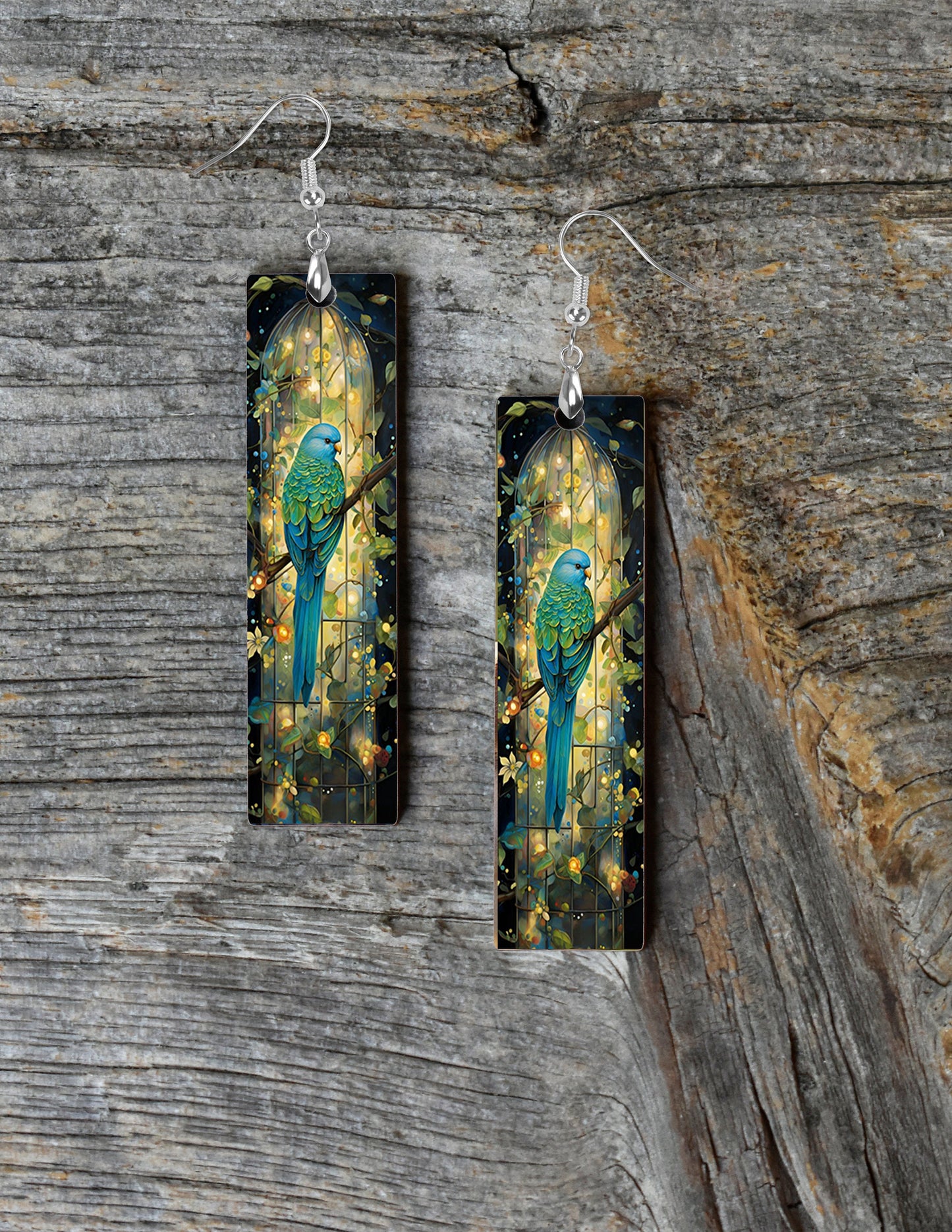 Blue and Green Parakeet Printed Wood Dangle Earrings Hypoallergenic Jewelry Handmade