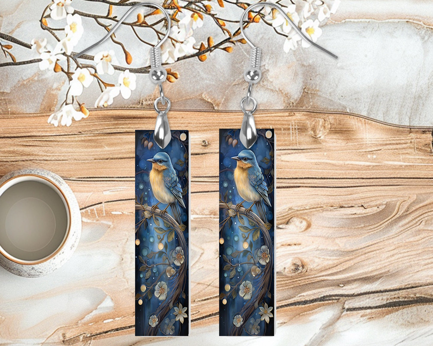 Blue and Yellow Bird Printed Wood Dangle Earrings Hypoallergenic Jewelry Handmade