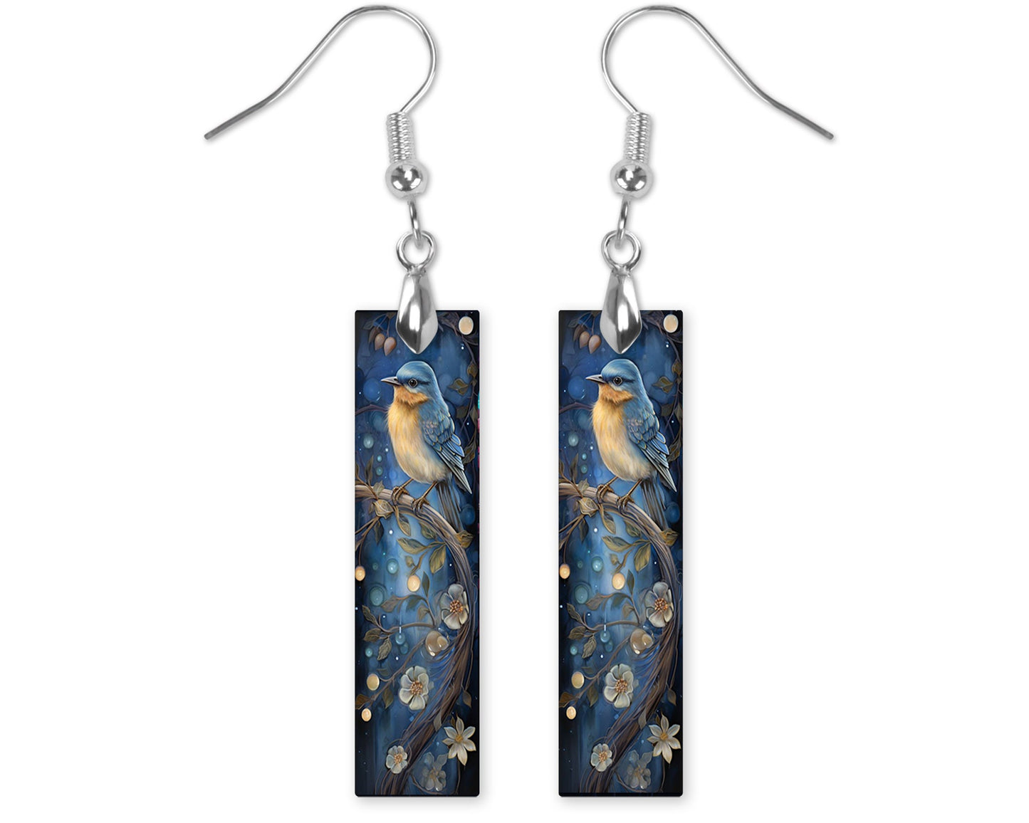 Blue and Yellow Bird Printed Wood Dangle Earrings Hypoallergenic Jewelry Handmade