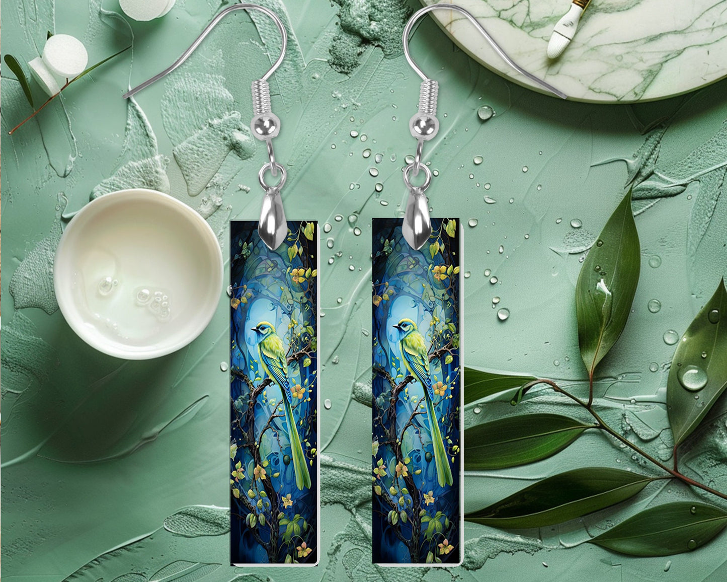 Green Parakeet Printed Wood Dangle Earrings Hypoallergenic Jewelry Handmade