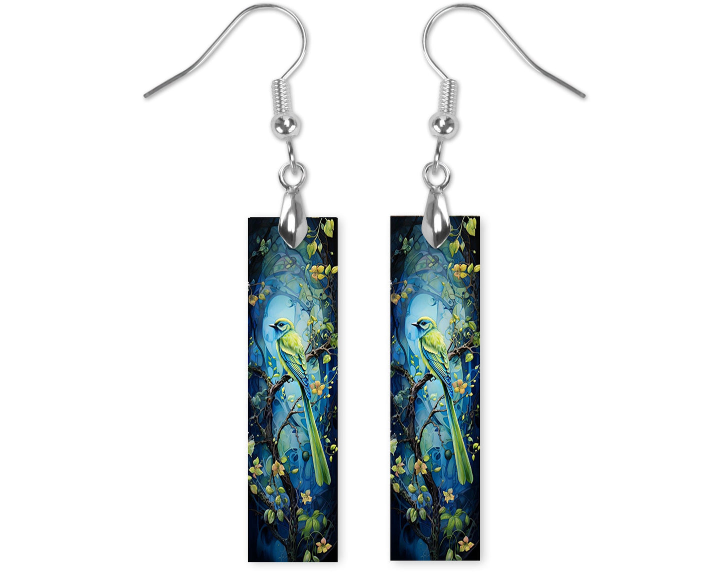 Green Parakeet Printed Wood Dangle Earrings Hypoallergenic Jewelry Handmade