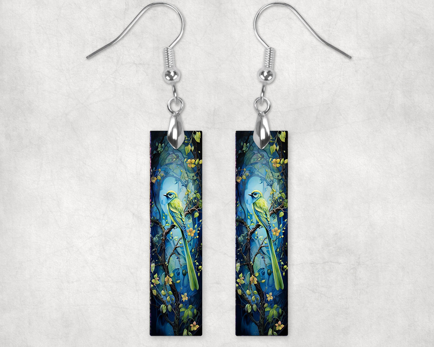 Green Parakeet Printed Wood Dangle Earrings Hypoallergenic Jewelry Handmade