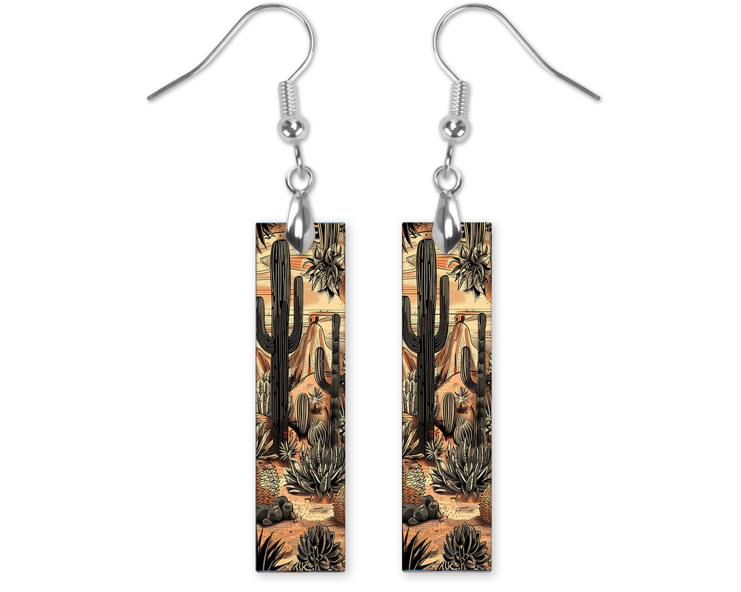 Monochrome Desert Printed Wood Dangle Earrings Hypoallergenic Jewelry Handmade