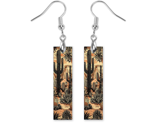 Monochrome Desert Printed Wood Dangle Earrings Hypoallergenic Jewelry Handmade