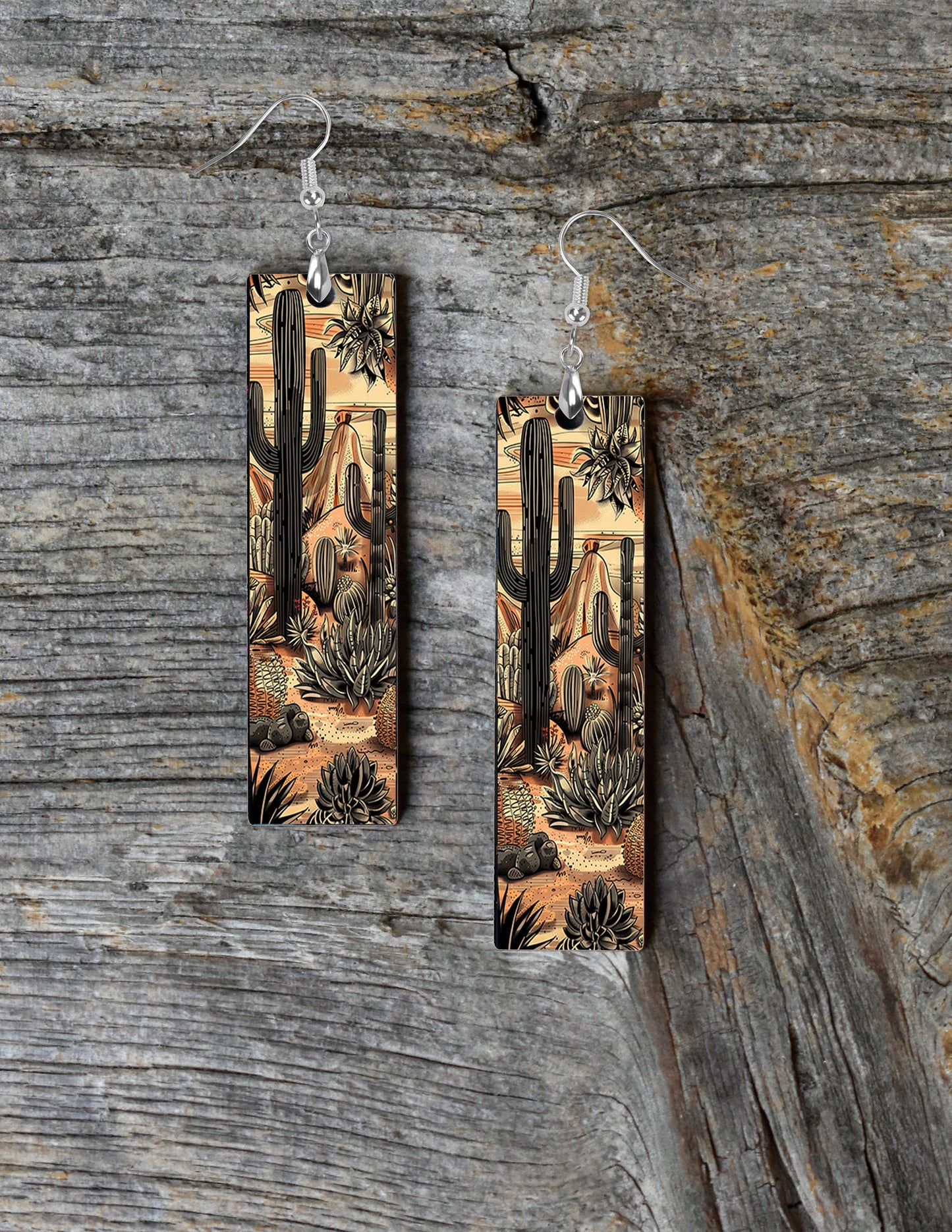 Monochrome Desert Printed Wood Dangle Earrings Hypoallergenic Jewelry Handmade