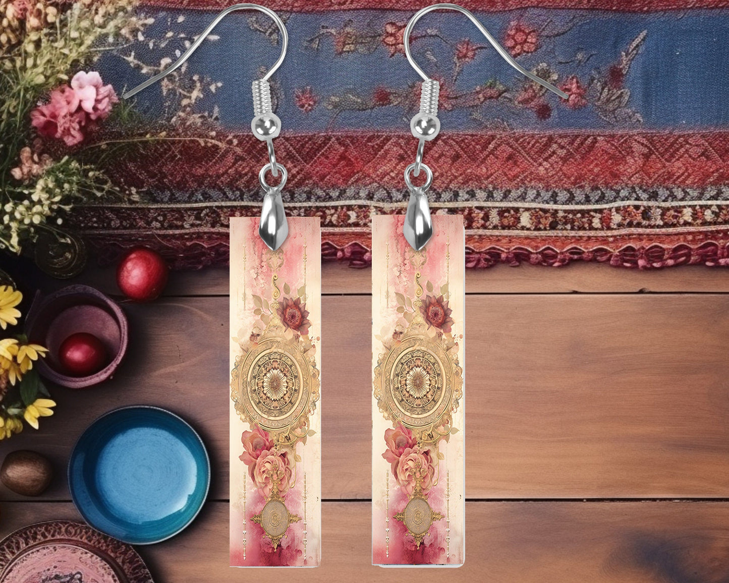 Pink and Gold Mandala Printed Wood Dangle Earrings Hypoallergenic Jewelry Handmade