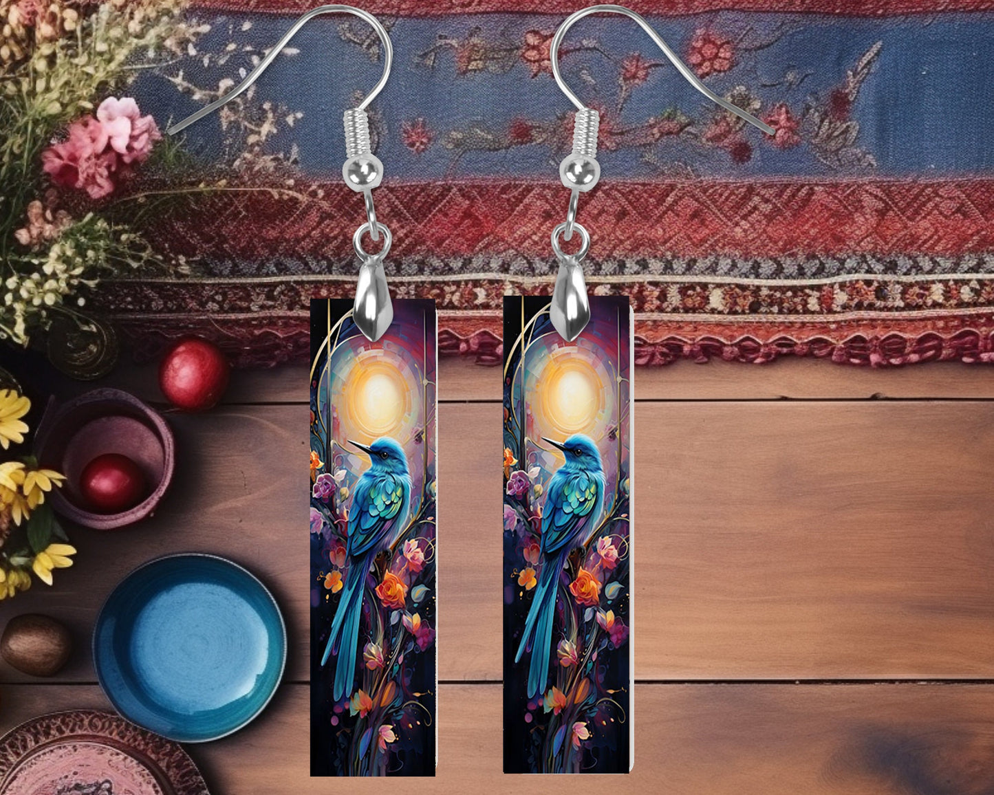 Blue Bird and Full Moon Earrings, Bar Dangle Printed Earrings Jewelry Handmade