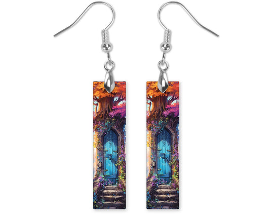 Blue Fairy Door Earrings, Bar Dangle Printed Earrings Jewelry Handmade