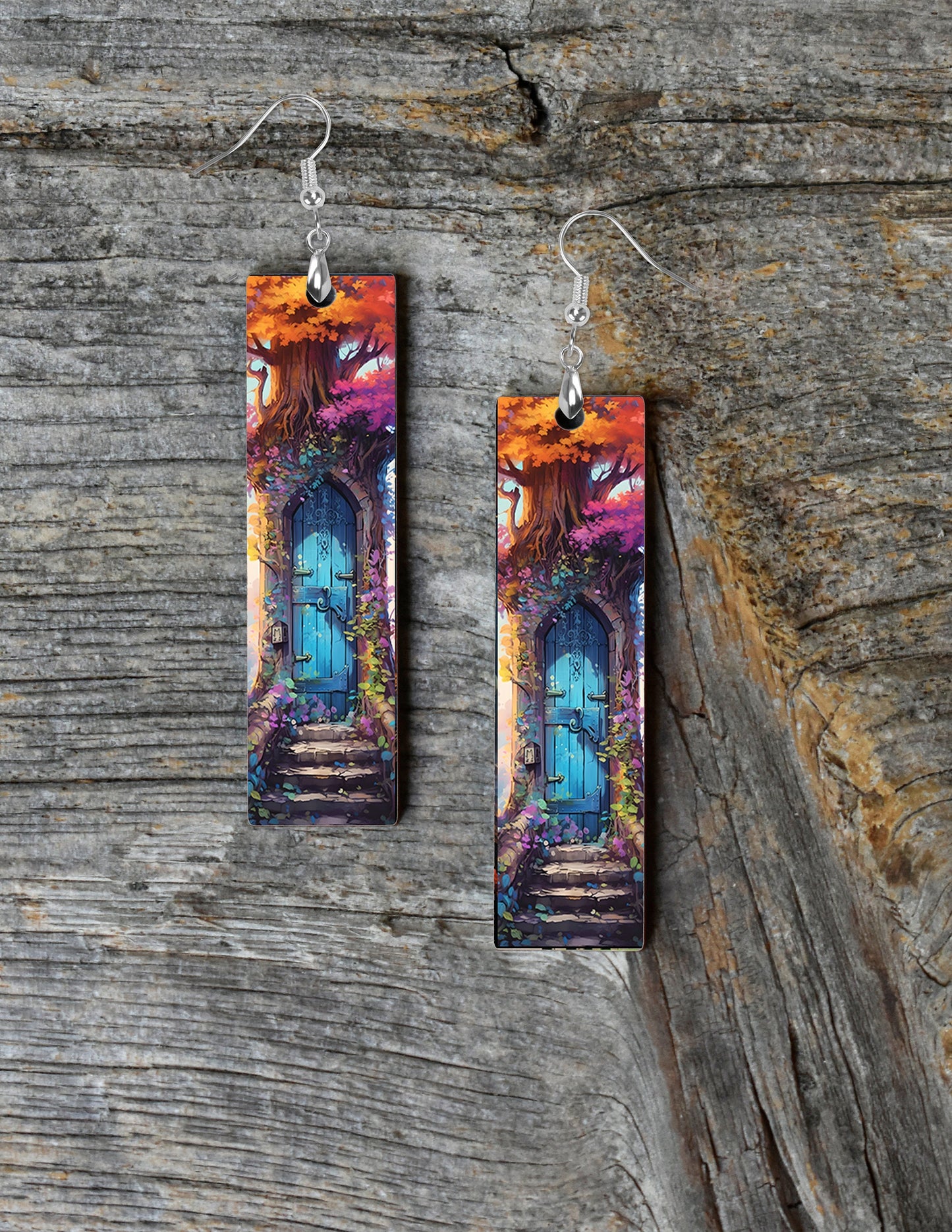 Blue Fairy Door Earrings, Bar Dangle Printed Earrings Jewelry Handmade