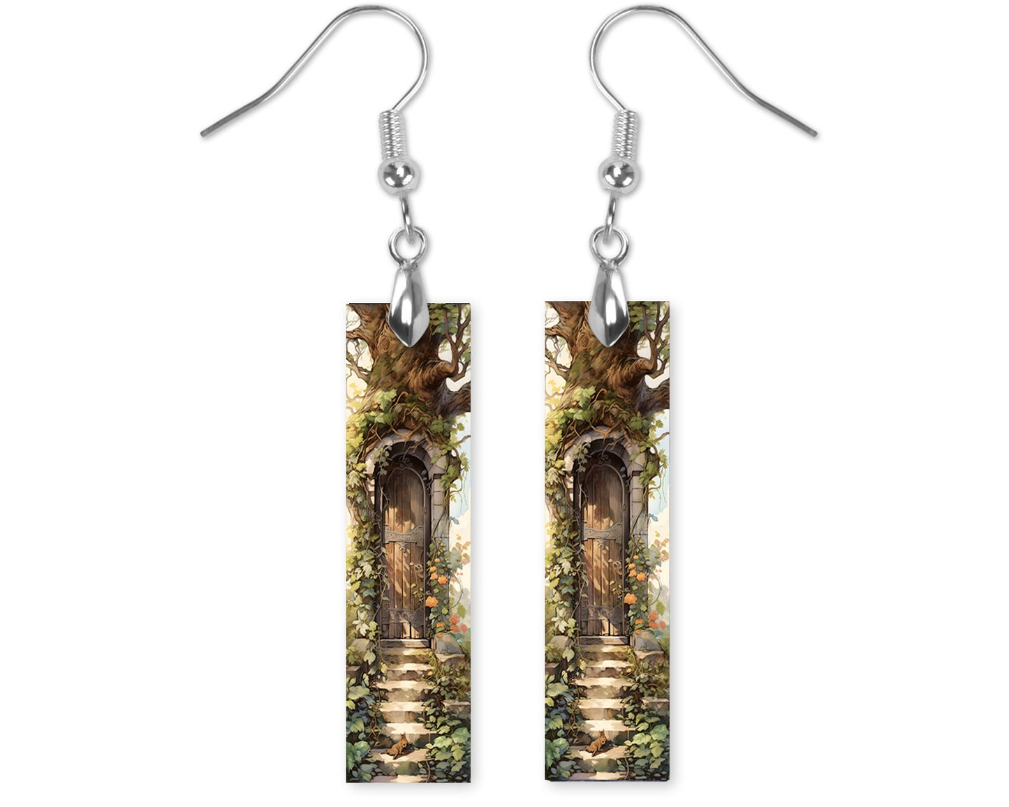 Fairy Door Earrings, Bar Dangle Printed Earrings Jewelry Handmade