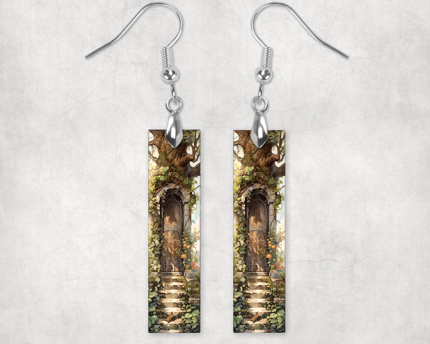 Fairy Door Earrings, Bar Dangle Printed Earrings Jewelry Handmade