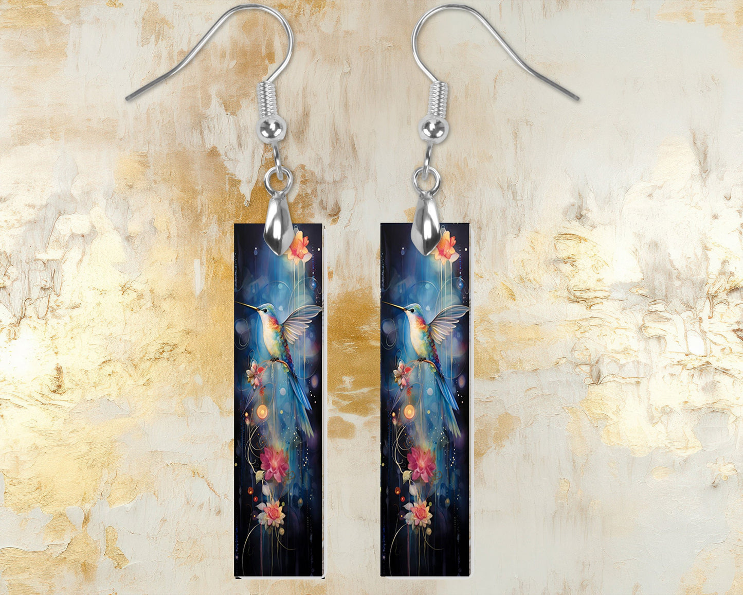 Hummingbird on Blue Earrings, Bar Dangle Printed Earrings Jewelry Handmade