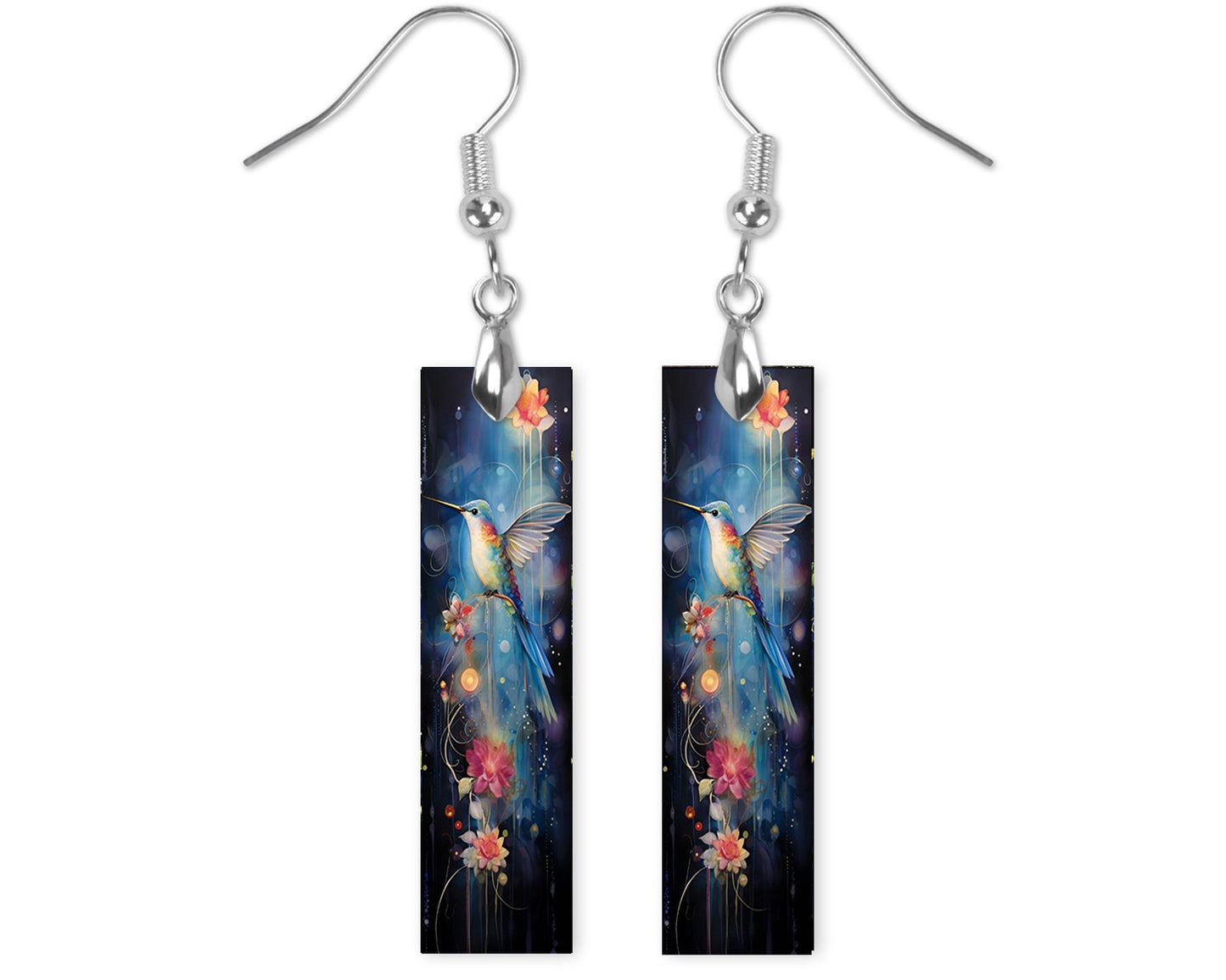 Hummingbird on Blue Earrings, Bar Dangle Printed Earrings Jewelry Handmade