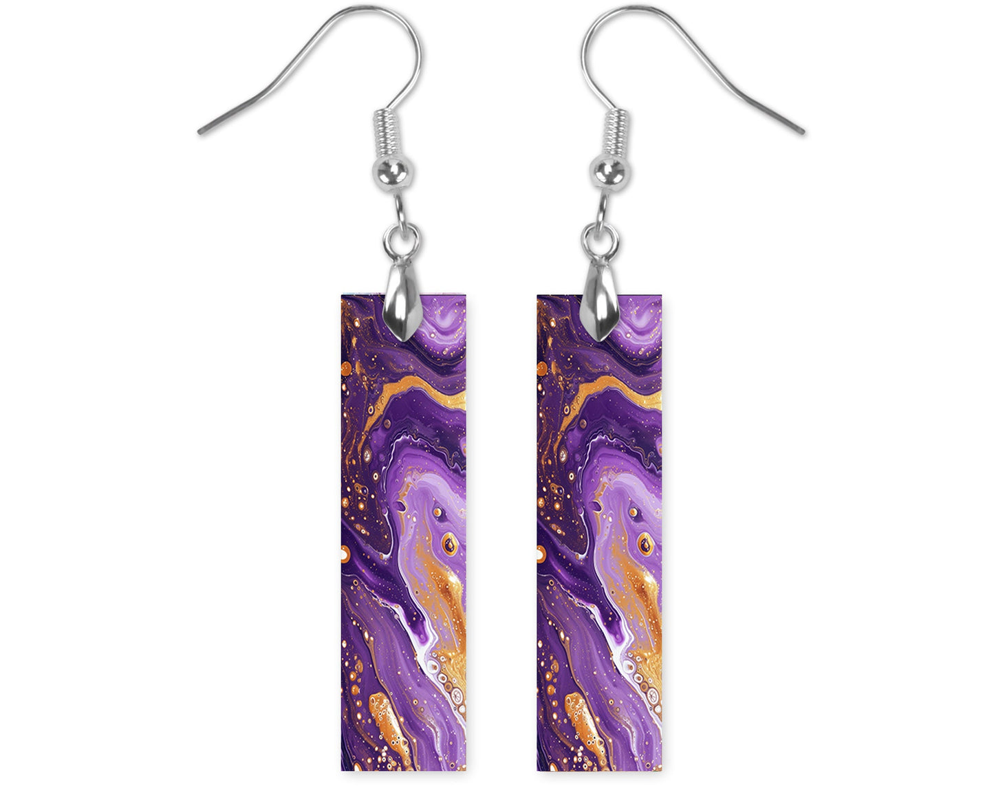 Purple and Gold Swirl Earrings, Bar Dangle Printed Earrings Jewelry Handmade