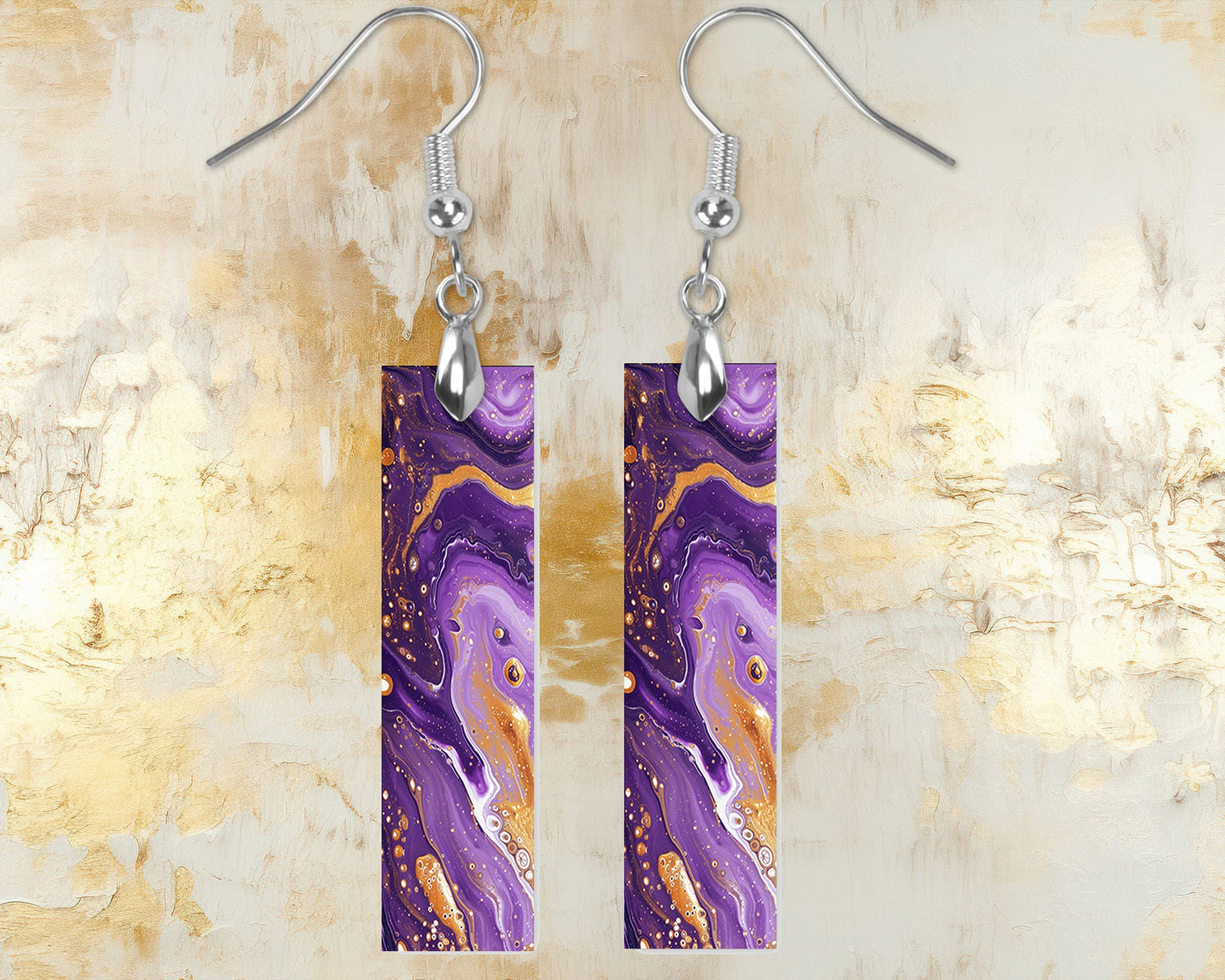 Purple and Gold Swirl Earrings, Bar Dangle Printed Earrings Jewelry Handmade