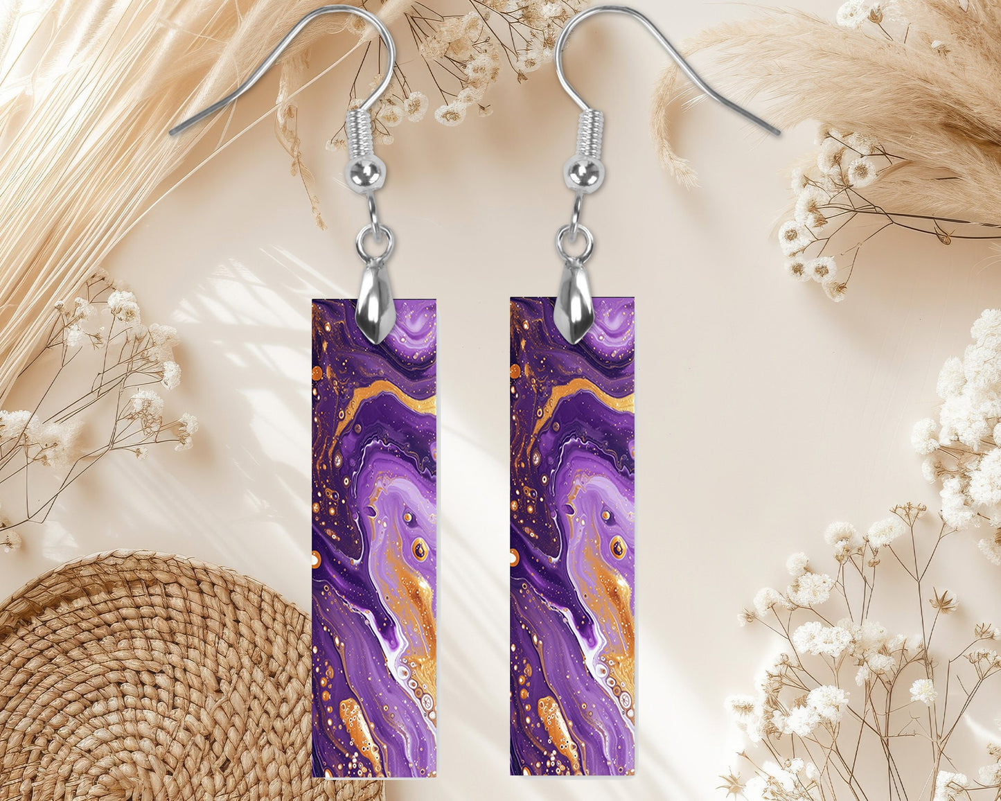 Purple and Gold Swirl Earrings, Bar Dangle Printed Earrings Jewelry Handmade