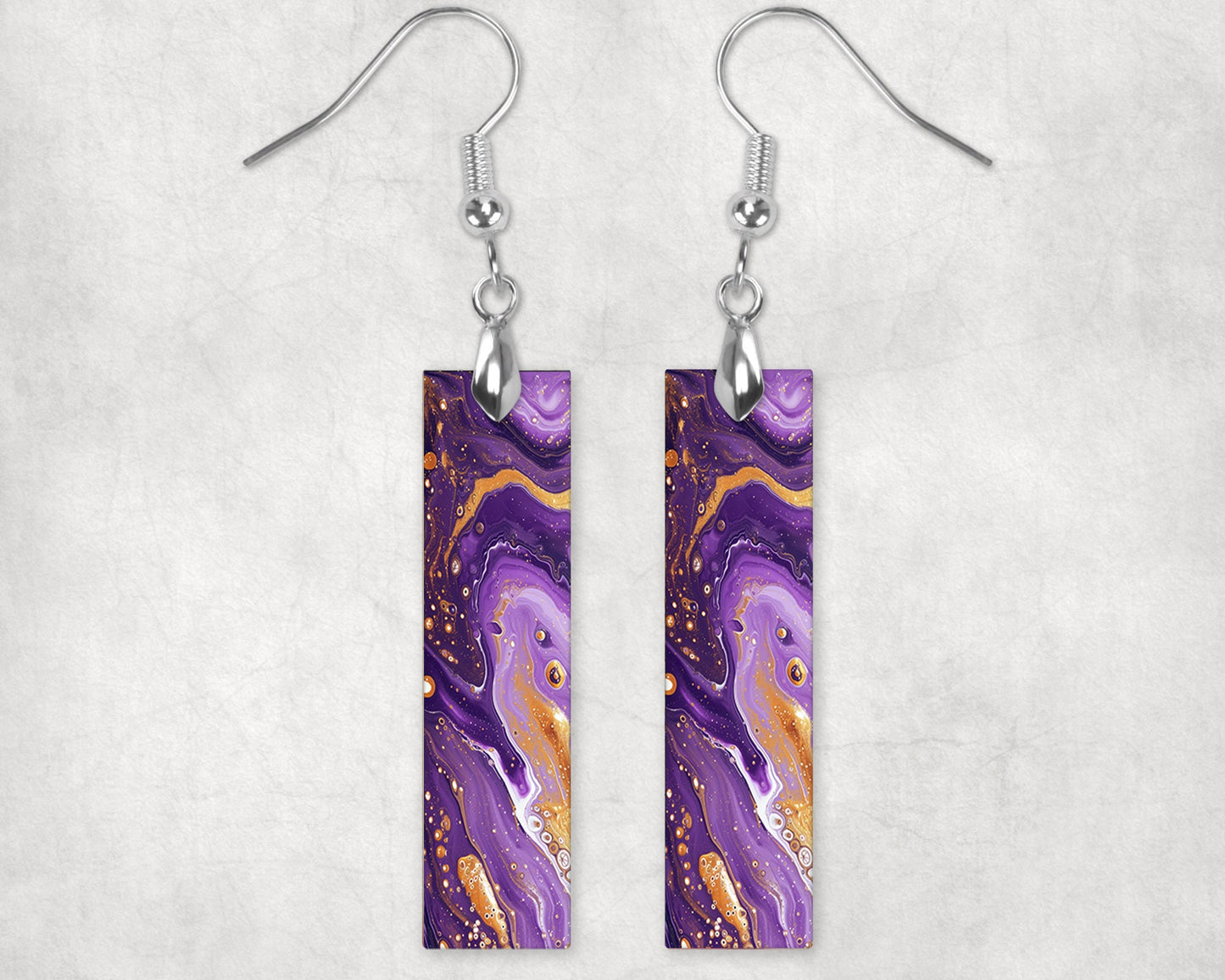 Purple and Gold Swirl Earrings, Bar Dangle Printed Earrings Jewelry Handmade