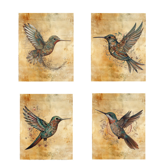 Set of 4  8x10 Hummingbirds in Paisley Canvas Print,  Contemporary Wall Art