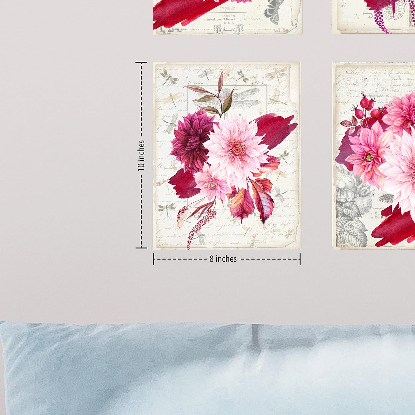 Set of 4  8x10 Burgundy Floral Wall Art Canvas Print, Contemporary Wall Art