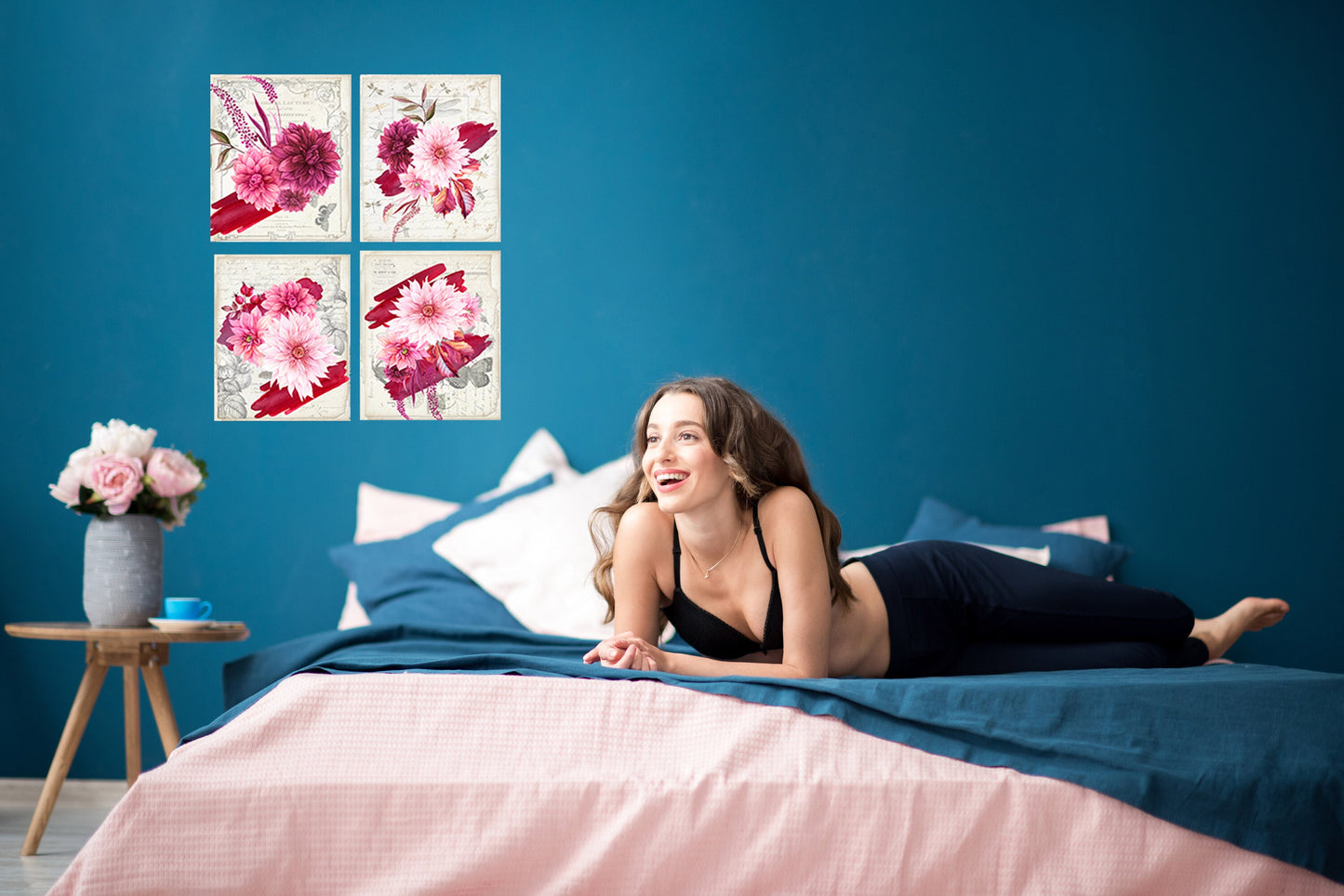 Set of 4  8x10 Burgundy Floral Wall Art Canvas Print, Contemporary Wall Art