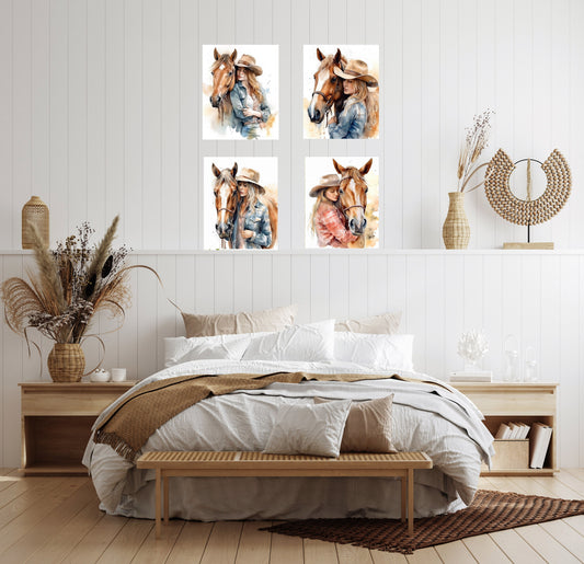 Set of 4  8x10 Girls and Horses Wall Art Canvas Print, Contemporary Wall Art