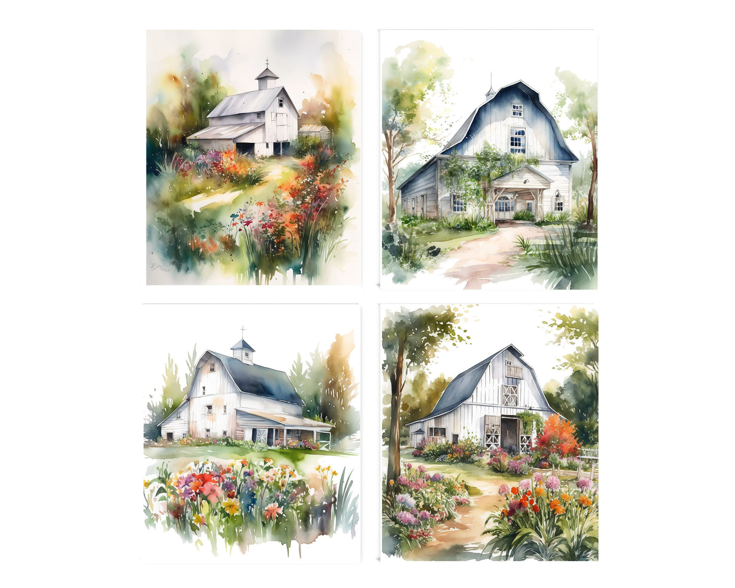 Set of 4  8x10 White Barns Wall Art Canvas Print, Contemporary Wall Art