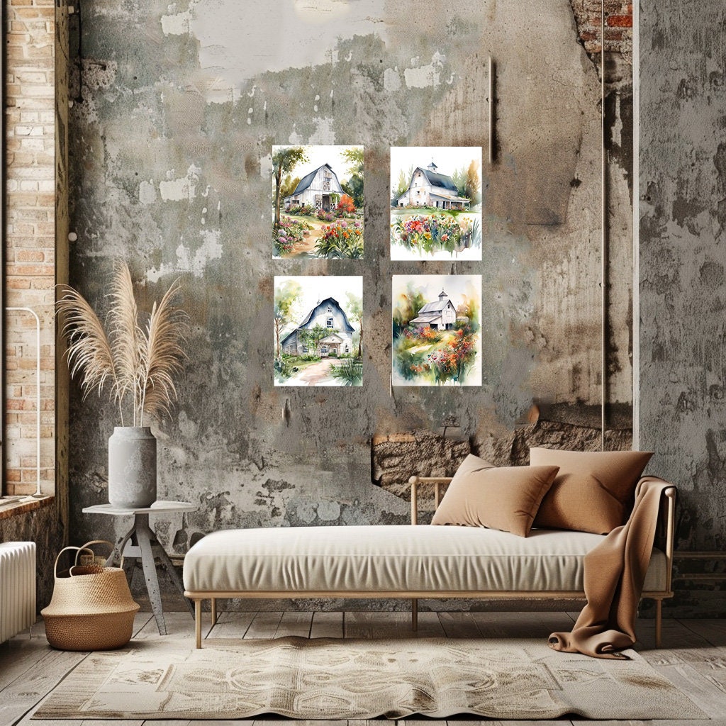 Set of 4  8x10 White Barns Wall Art Canvas Print, Contemporary Wall Art