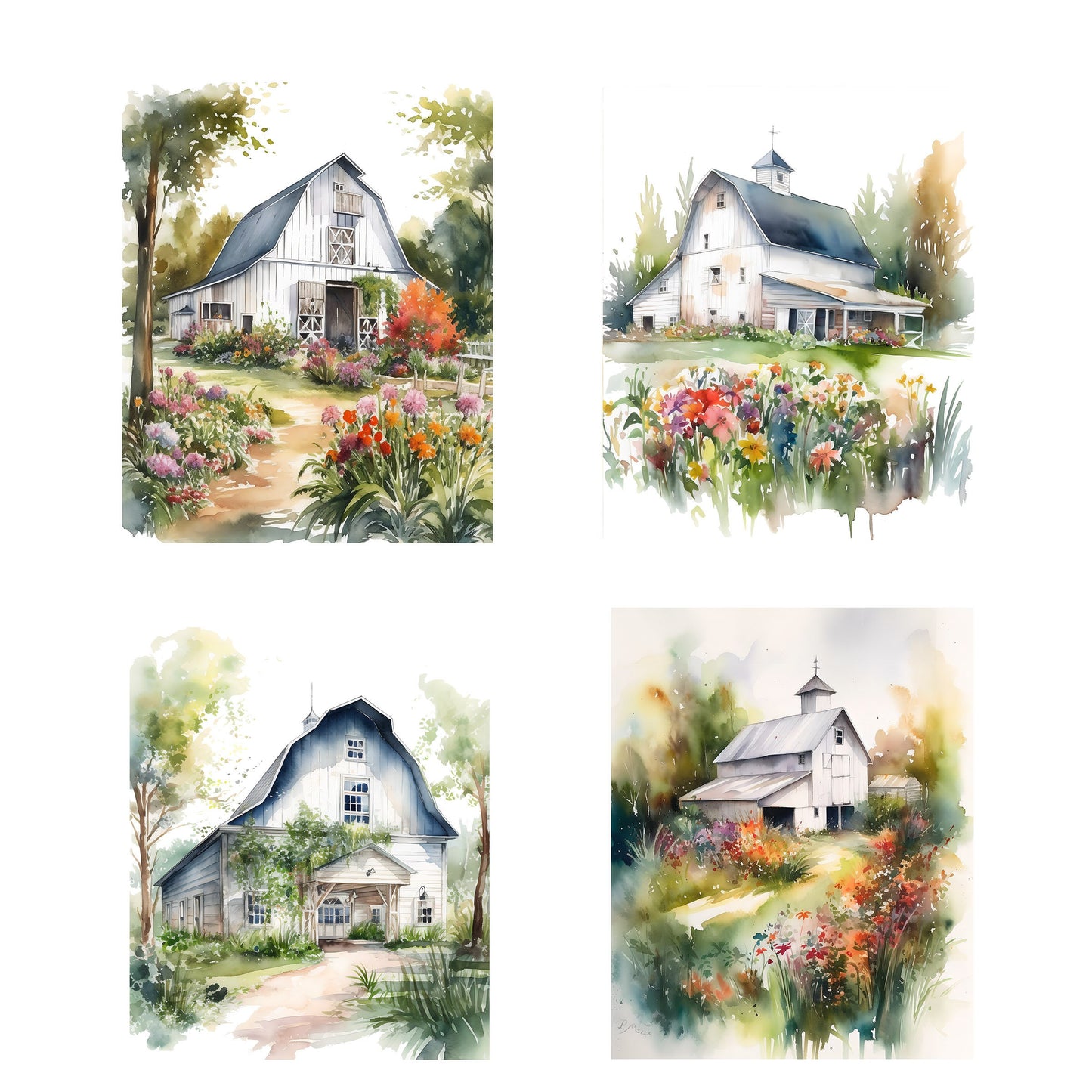 Set of 4  8x10 White Barns Wall Art Canvas Print, Contemporary Wall Art