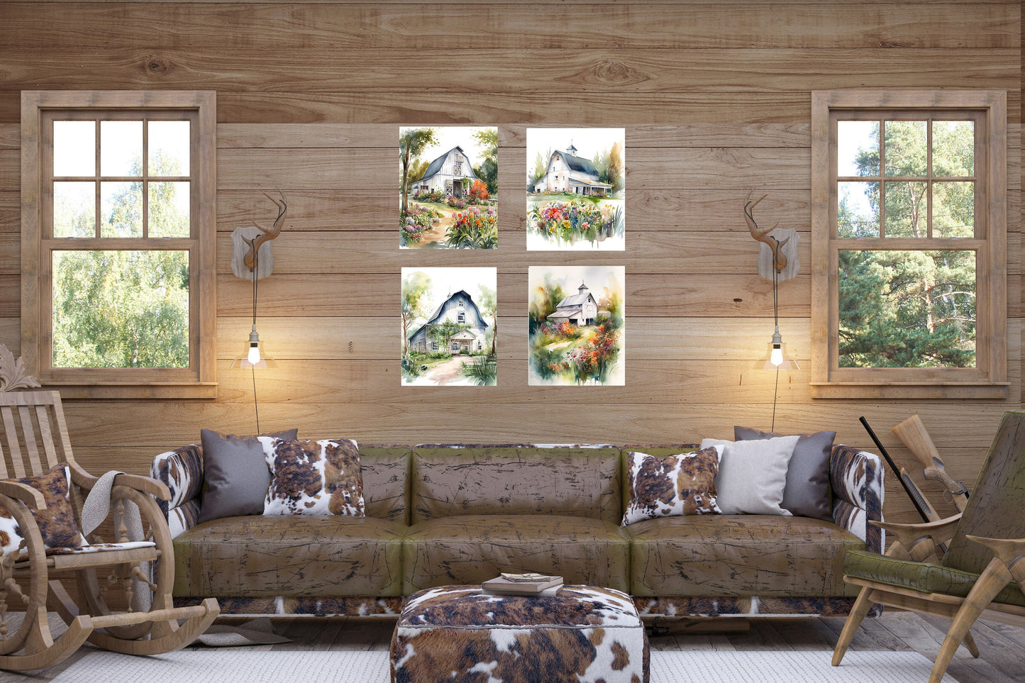 Set of 4  8x10 White Barns Wall Art Canvas Print, Contemporary Wall Art