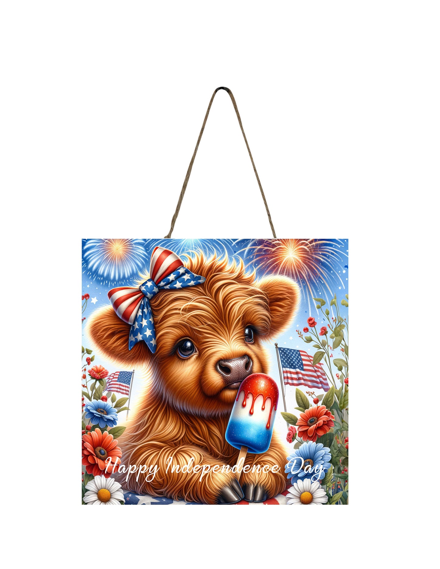 Happy Independence Day Highland Cow Printed Handmade Wood  Mini Sign