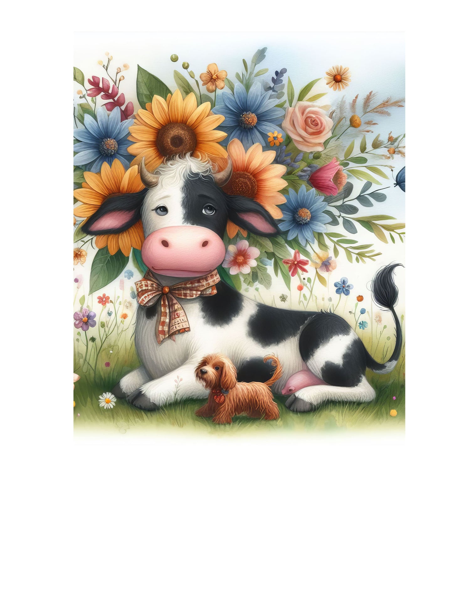 16x20 Whimsical Cow and Flowers Nursery Wall Art Canvas Print