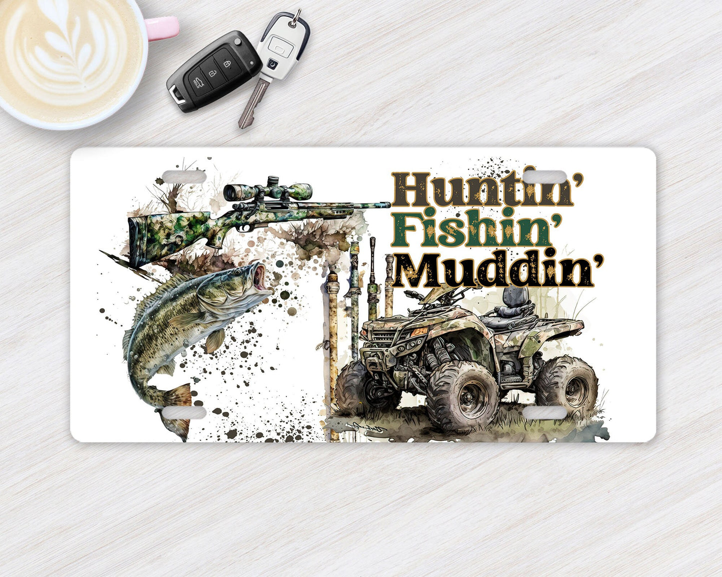 Vanity Front License Plate, Huntin' Fishin' Muddin'  Aluminum License Plate Car Accessory Decorative Front Plate