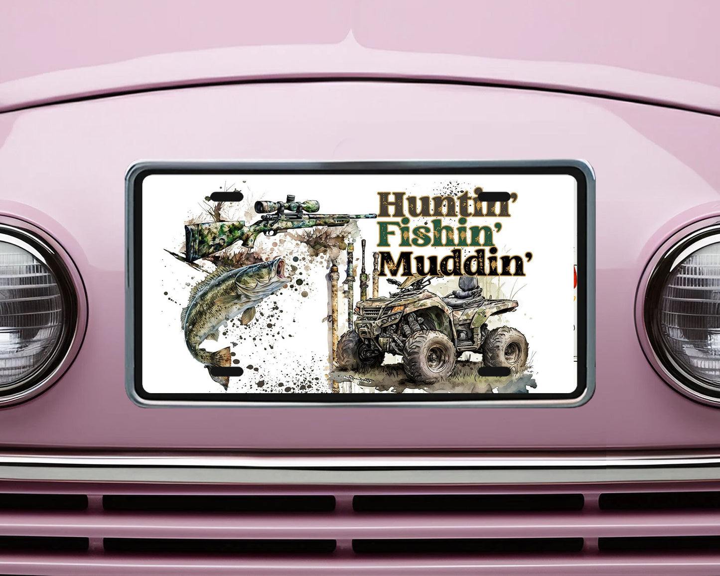 Vanity Front License Plate, Huntin' Fishin' Muddin'  Aluminum License Plate Car Accessory Decorative Front Plate