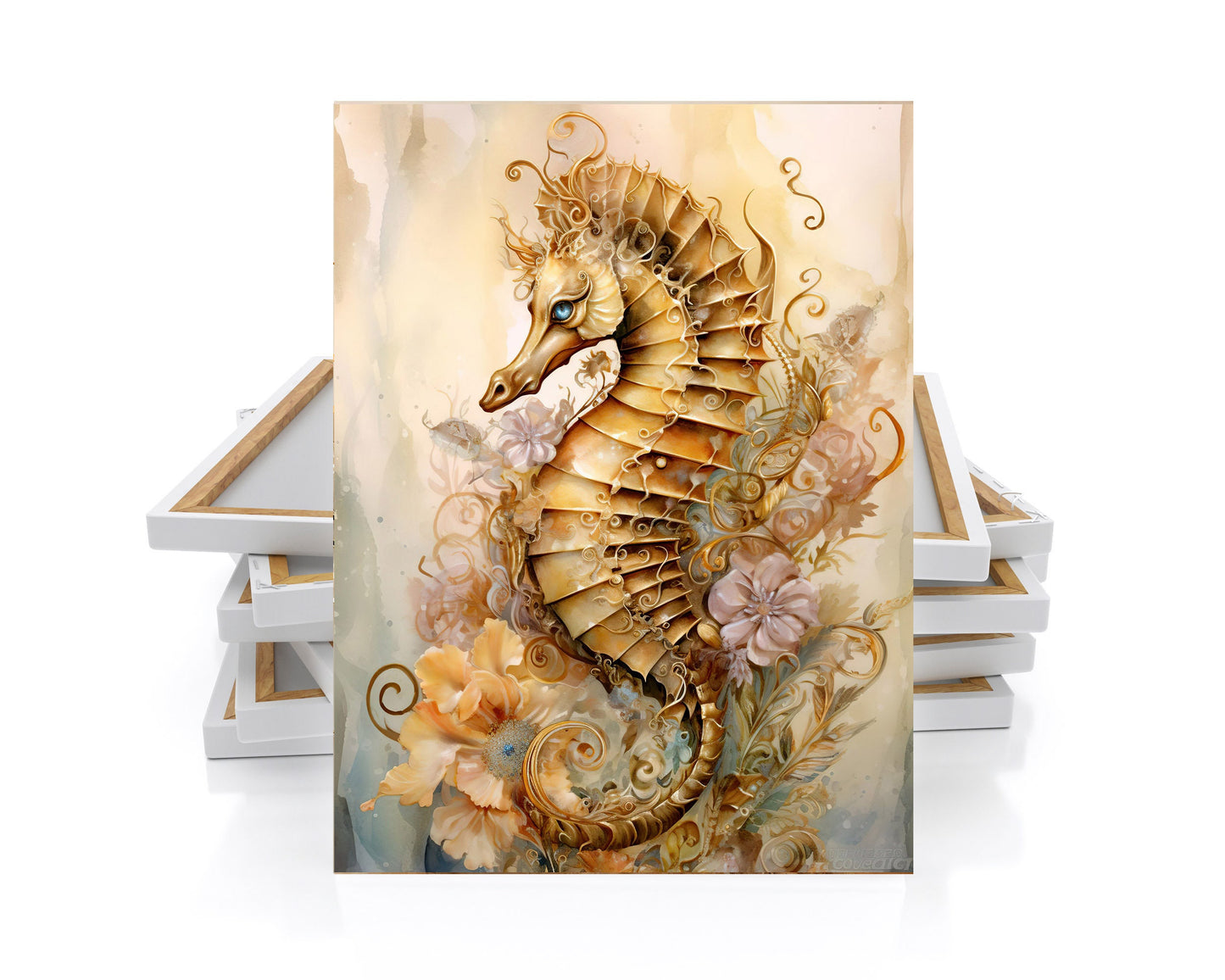 11x14 Golden Seahorse Wall Art Canvas Print